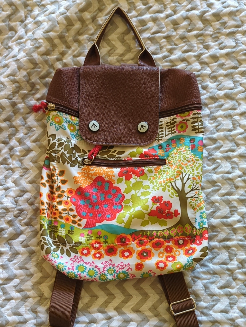 Brown Floral Canvas Backpack - Colorful Tree Print